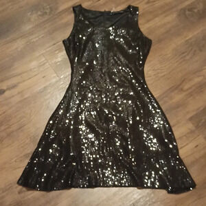Jacqueline Quinn Black Sequined Fitted Scoop Neck Tank Skater Mini Dress A38